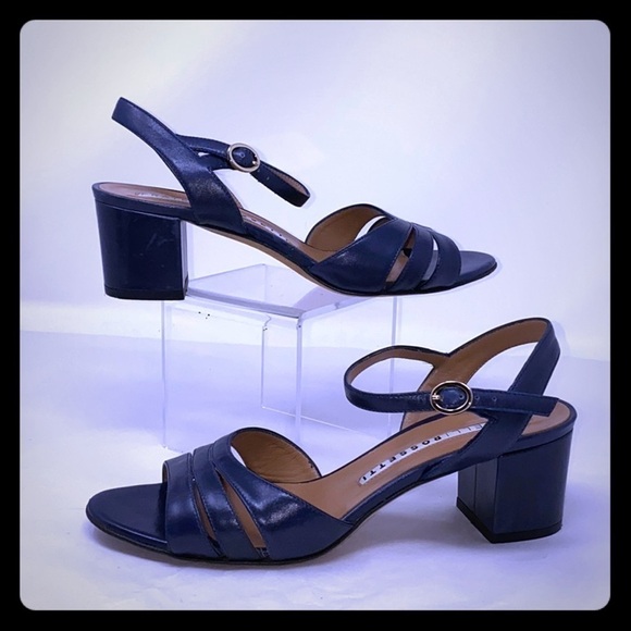 Fratelli Rossetti Sz 39 Low Block Heel Navy Leather Open Toe Sandals - Picture 2 of 12